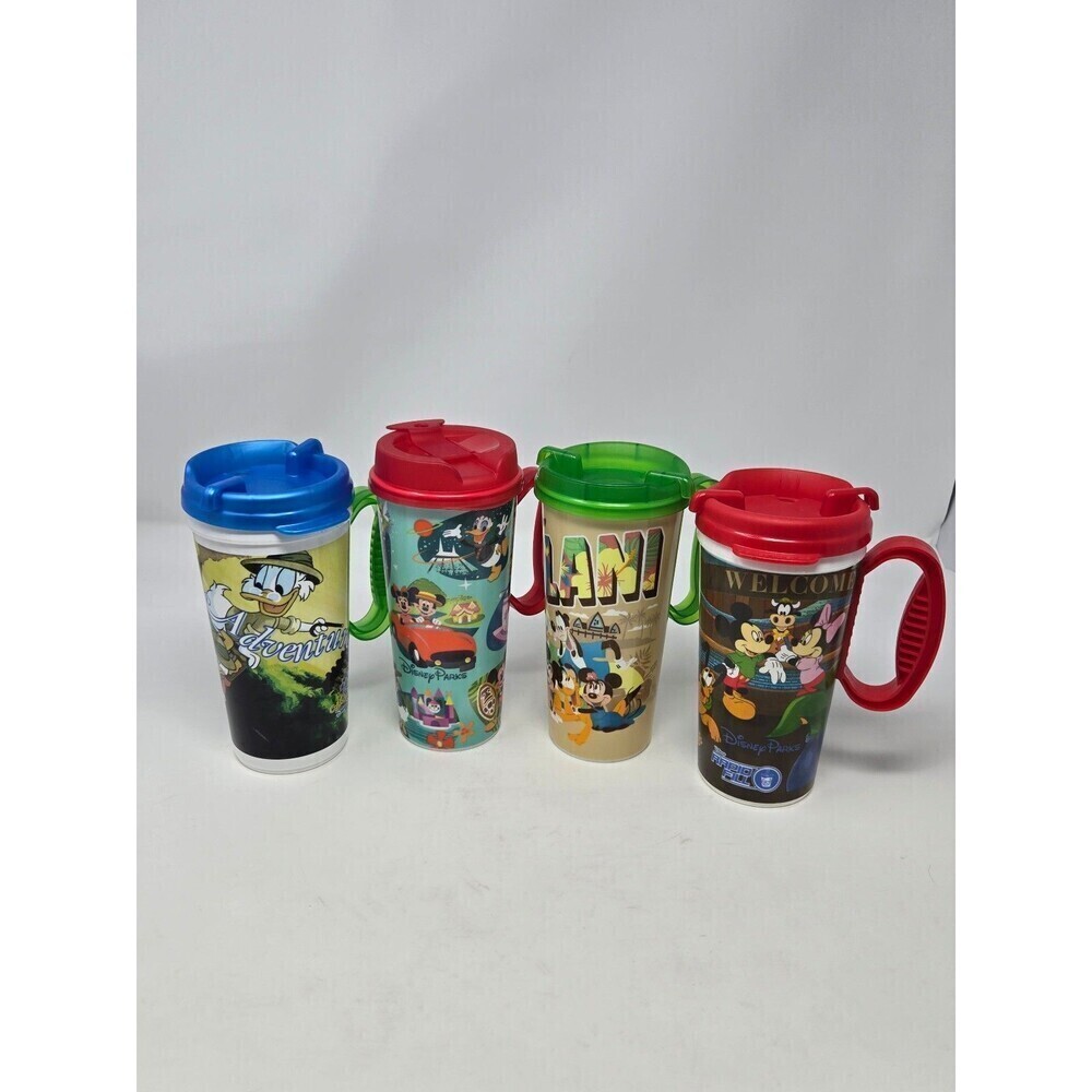 DISNEY PARKS REUSABLE REFILLABLE PLASTIC BEVERAGE TUMBLER BUNDLE SET OF 4 LIDS
